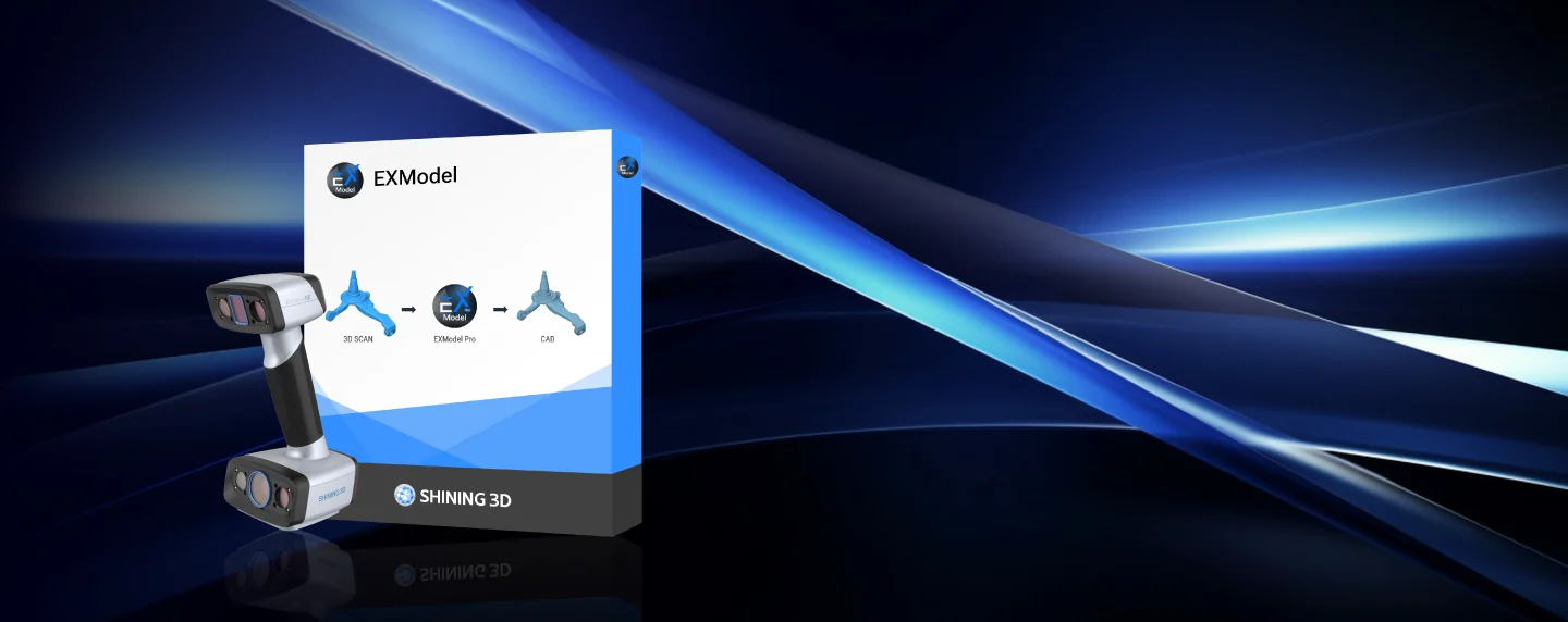 SHINING 3D EXModel reverse-engineering software box for use with the EinScan HX2, on a dark blue gradient background