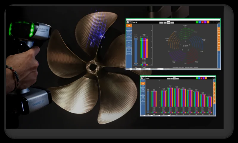 EinScan HX2 scanning a brass marine propeller beside Geomagic Control X inspection screens