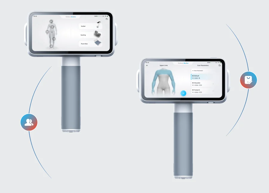 EinScan Medixa onboard touchscreen showing nine clinical scan presets (Face, Cranial, Torso, Upper Limb, Lower Limb, Feet, Socket, Seating, Foam Box)