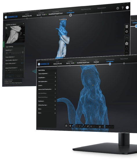 EXScan Pro software interface showing blue point-cloud scan results of a sculpture on dual monitors