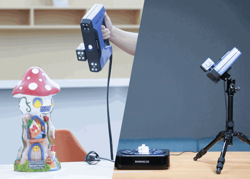 EinScan Pro 2X V2 in two modes &mdash; handheld scanning a toy and Fixed-Scan on a tripod turntable