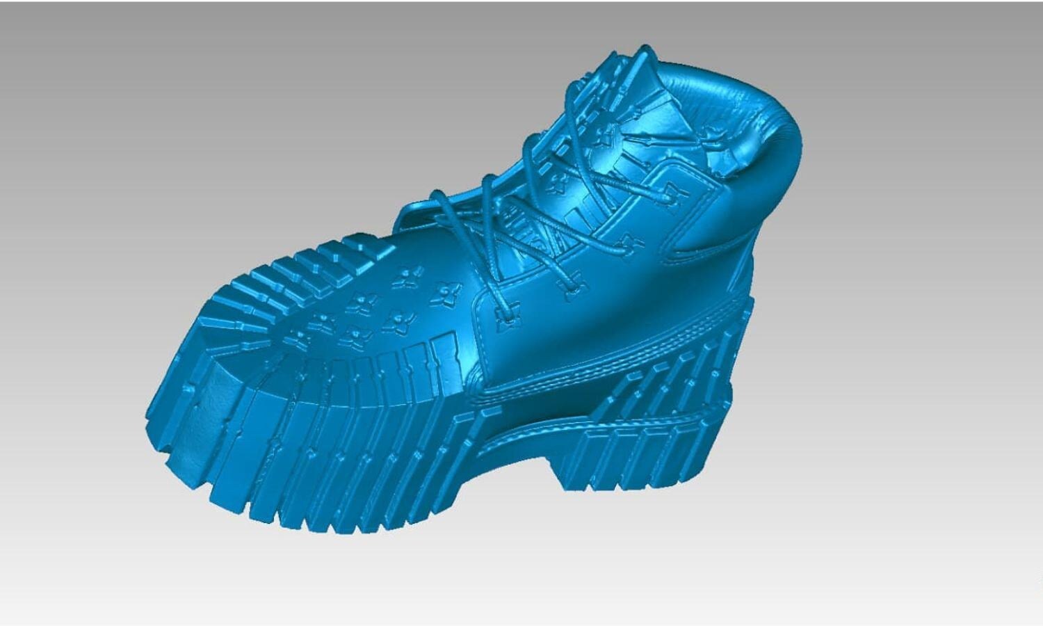 Clean blue EinScan Pro HD scan mesh of a laced boot showing fine tread, stitching, and relief detail