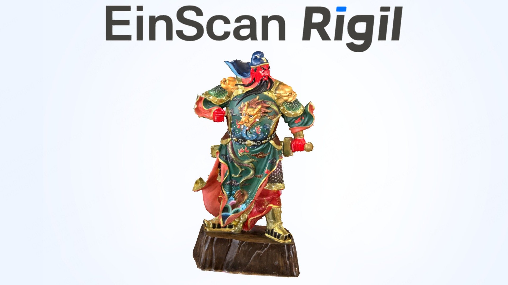 EinScan Rigil scan result &mdash; full-color Guangong character model, interactive 3D model &mdash; click to rotate in 3D
