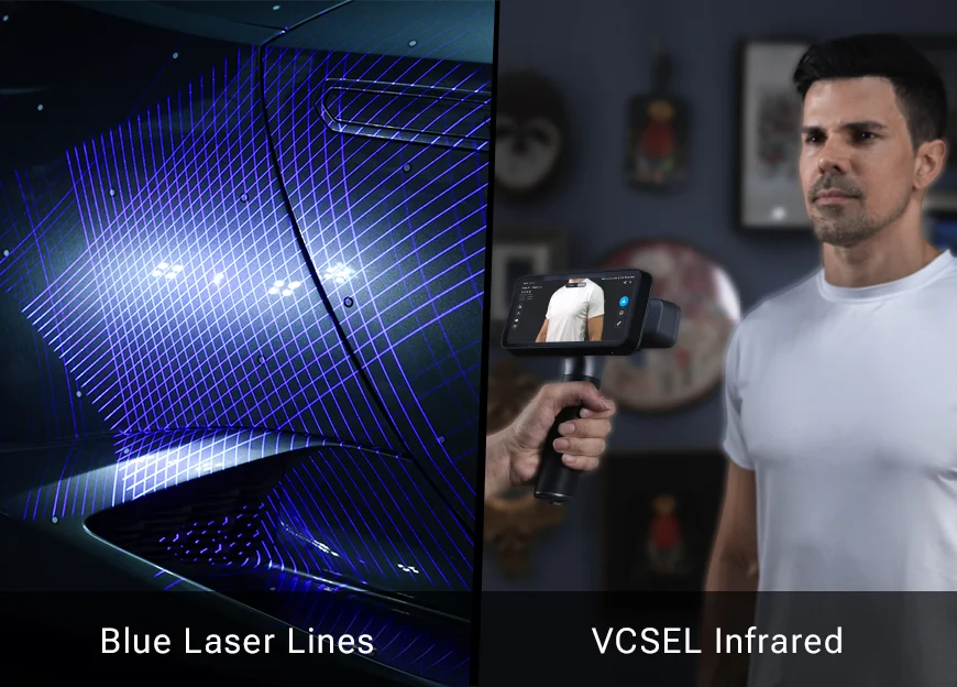 EinScan Rigil hybrid light source &mdash; blue laser lines and VCSEL infrared projection side by side