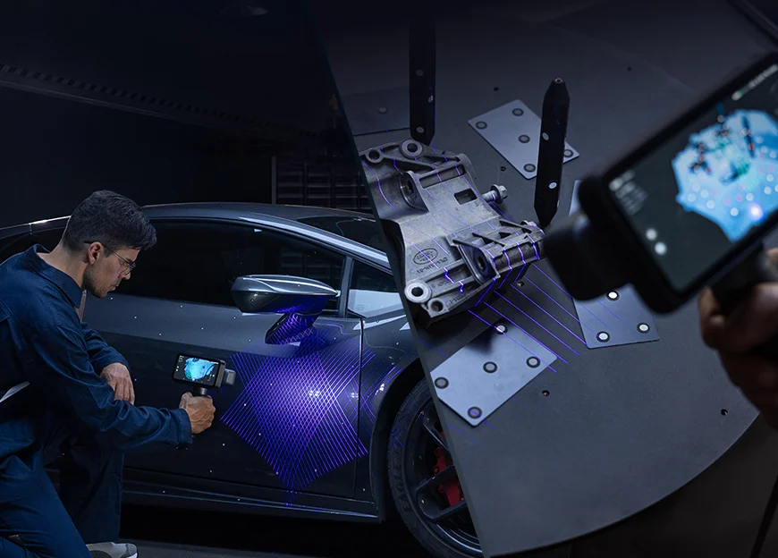 EinScan Rigil Laser HD mode scanning an automotive panel with crossed blue laser lines