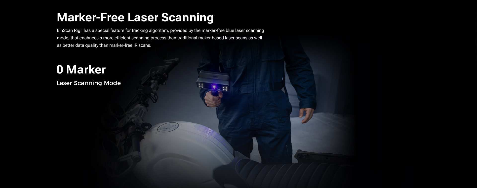 EinScan Rigil marker-free laser scanning &mdash; zero markers required on the workpiece