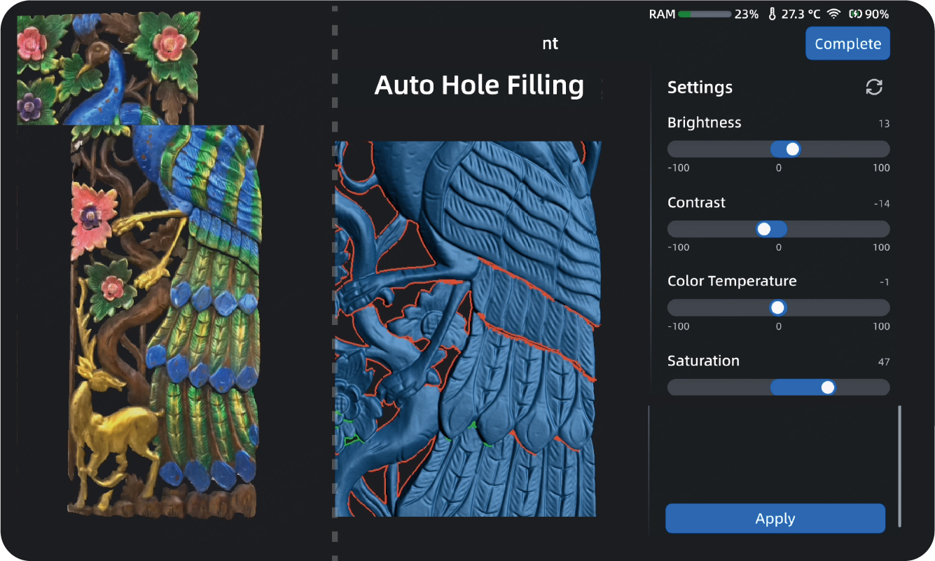 EXScan Rigil mesh editing &mdash; auto hole filling and refinement tools