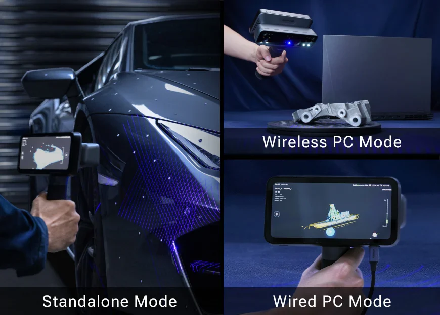 EinScan Rigil three work modes &mdash; standalone, wireless PC mode, and wired PC mode