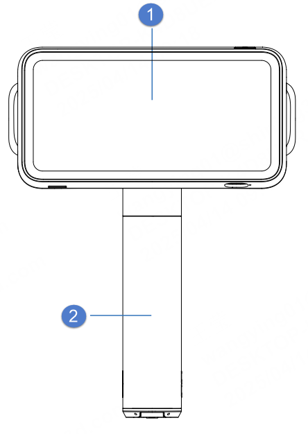 EinScan Rigil scanner component diagram — battery compartment, swap latch, USB-C charging port, and swappable pack system labeled