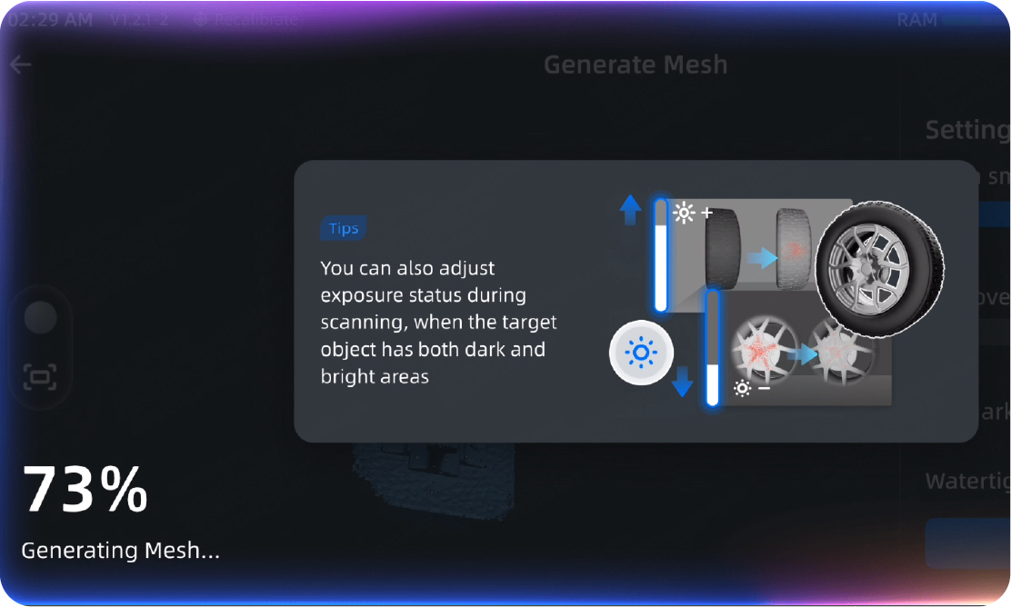 EXScan Rigil software — live high-efficiency noise reduction output showing clean mesh from real-time onboard processing