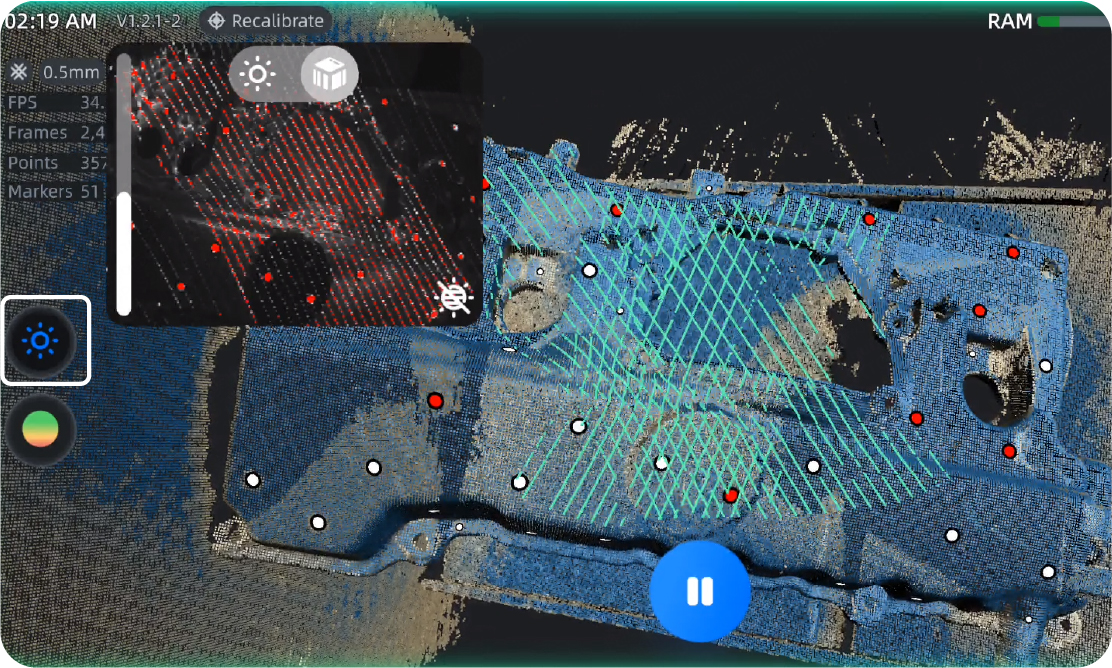 EinScan Rigil scene-adaptive scan output — accuracy maintained across object geometry, material, and scale from small parts to large assemblies
