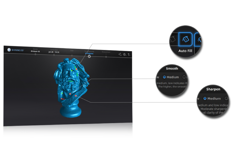 EXScan S mesh-editing interface showing a blue bust scan with Auto Fill, Smooth, and Sharpen controls