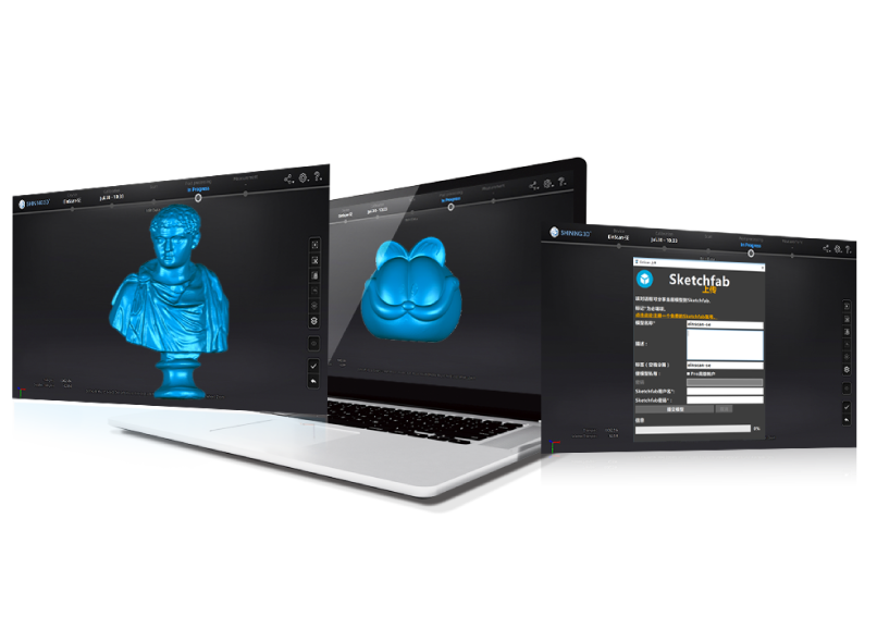 Three EXScan S result screens from the EinScan SE V2: a bust mesh, a cat model, and a Sketchfab upload dialog