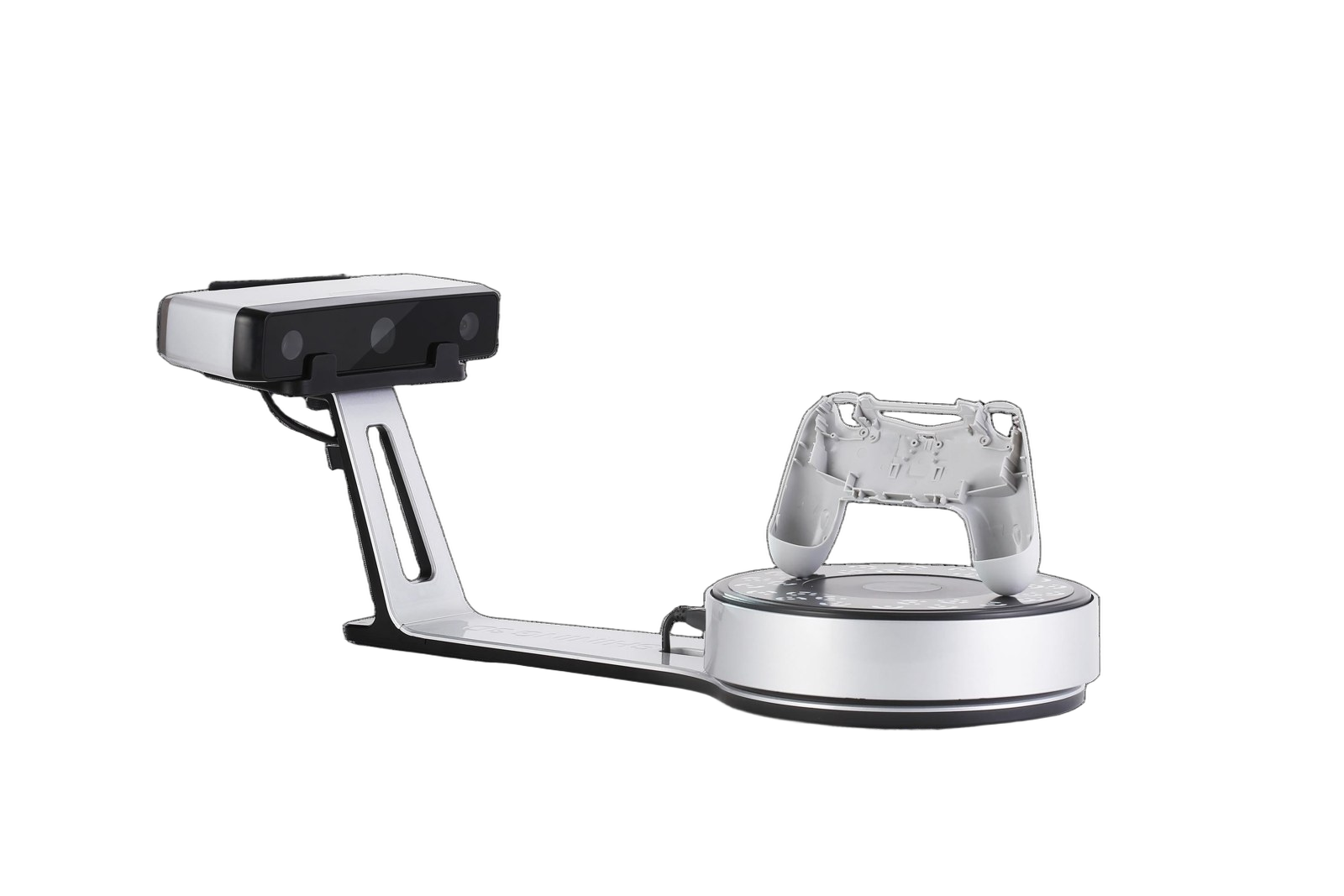 EinScan SP V2 scan head and Auto-Scan turntable digitizing a grey game-controller housing