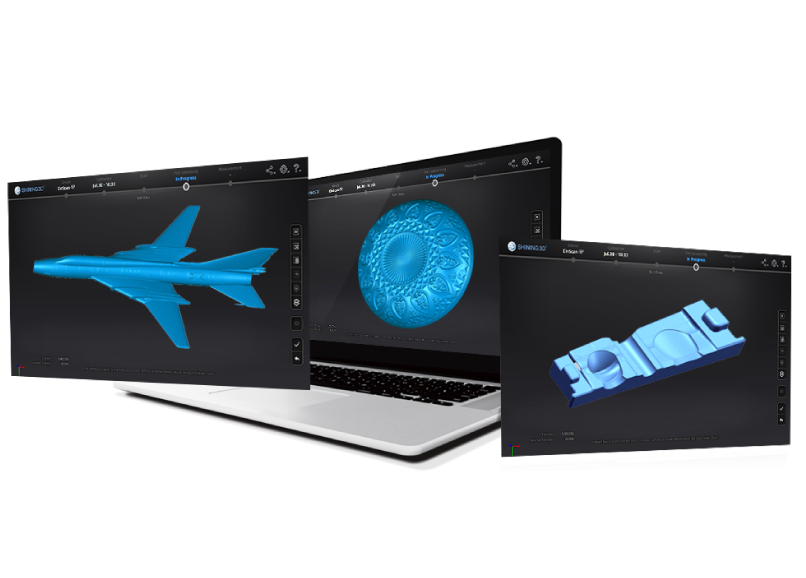 Three EXScan S result screens: an airplane mesh, a turbine wheel, and a textured nameplate model
