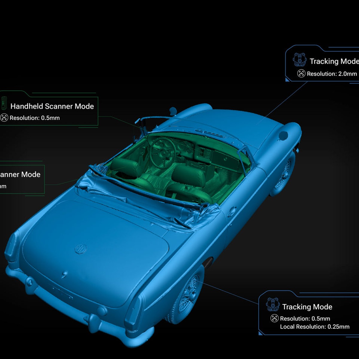 EinScan Trak switching resolution mid-scan and merging tracking-mode and handheld-mode data into one aligned model