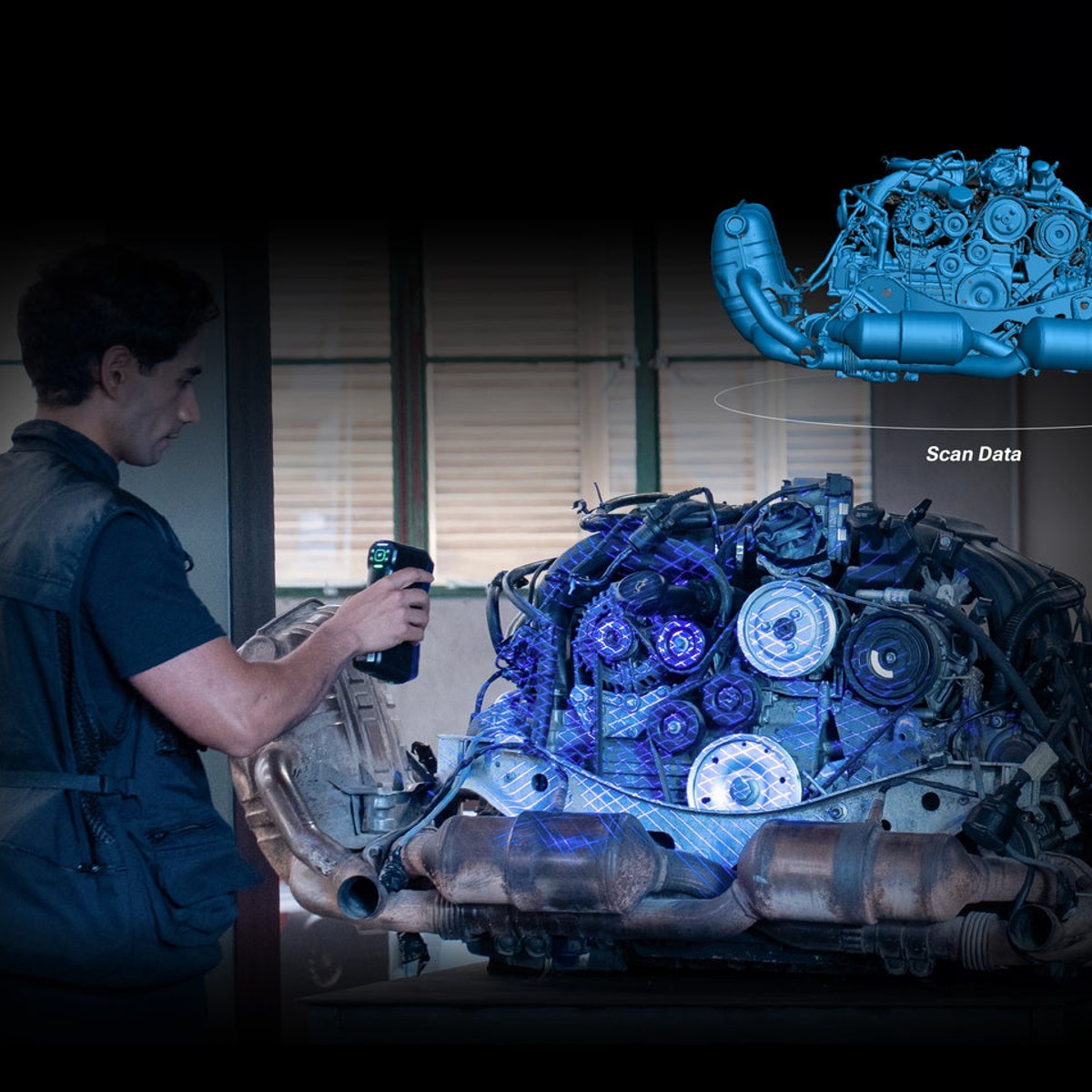 EinScan Trak detached handheld scanner capturing a feature-rich engine assembly marker-free