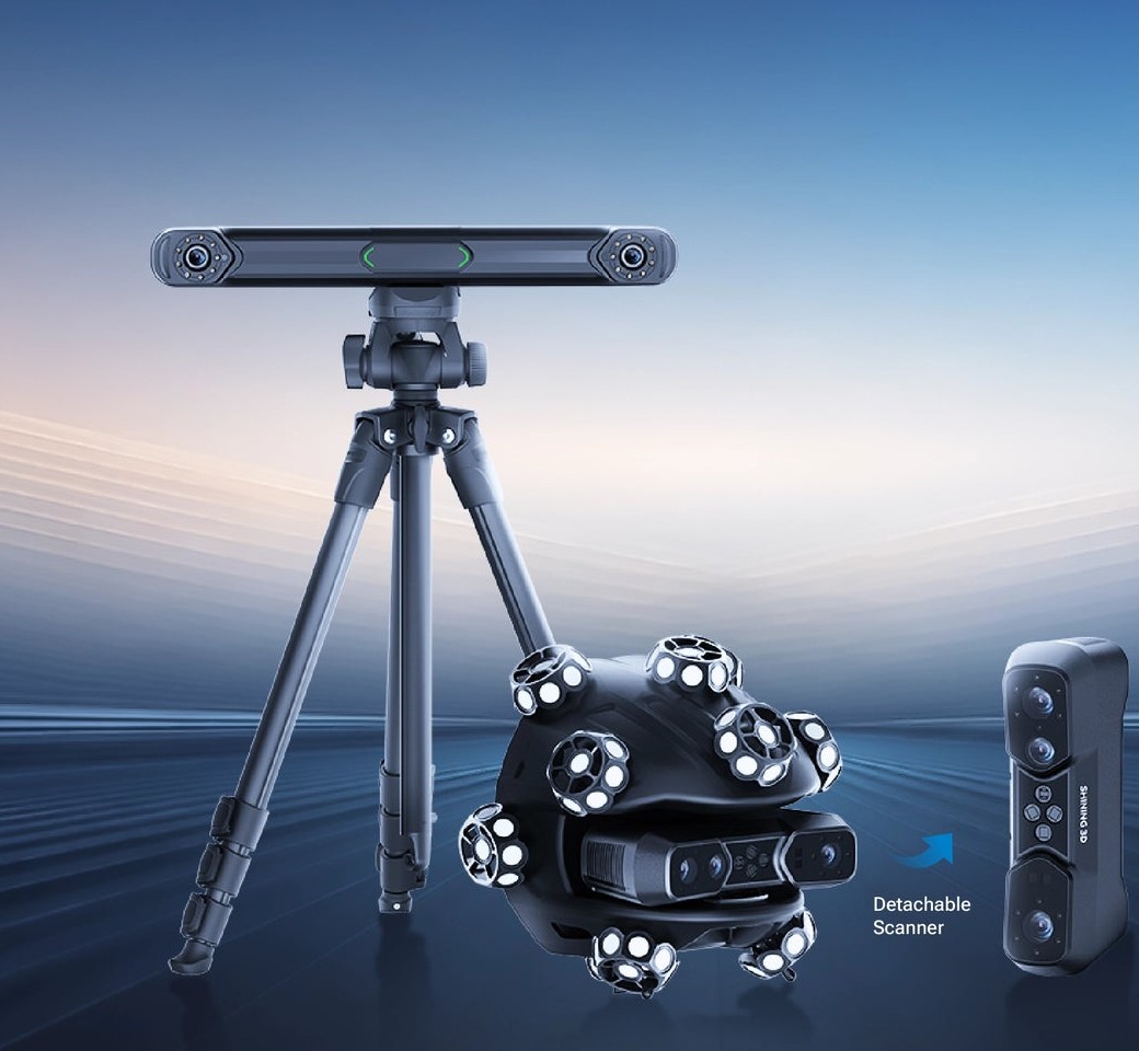 EinScan Trak wireless marker-free 3D tracking system — tracker on tripod, spherical scanner module, and detachable handheld scanner