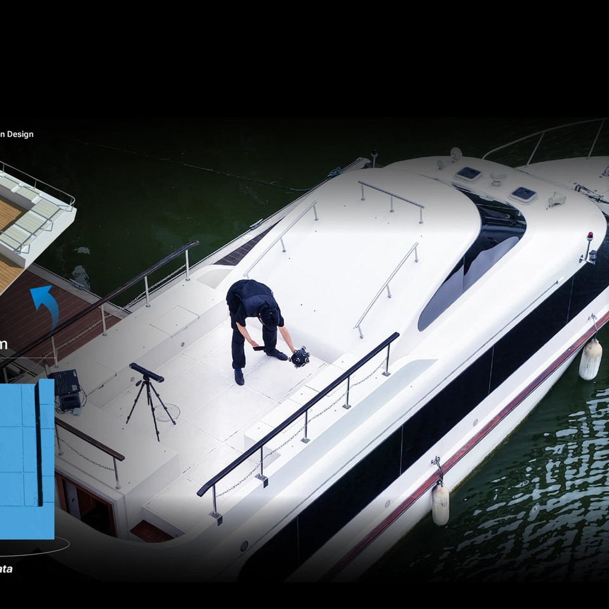 EinScan Trak scanning a large boat hull outdoors — reliable capture on large assets in bright ambient light