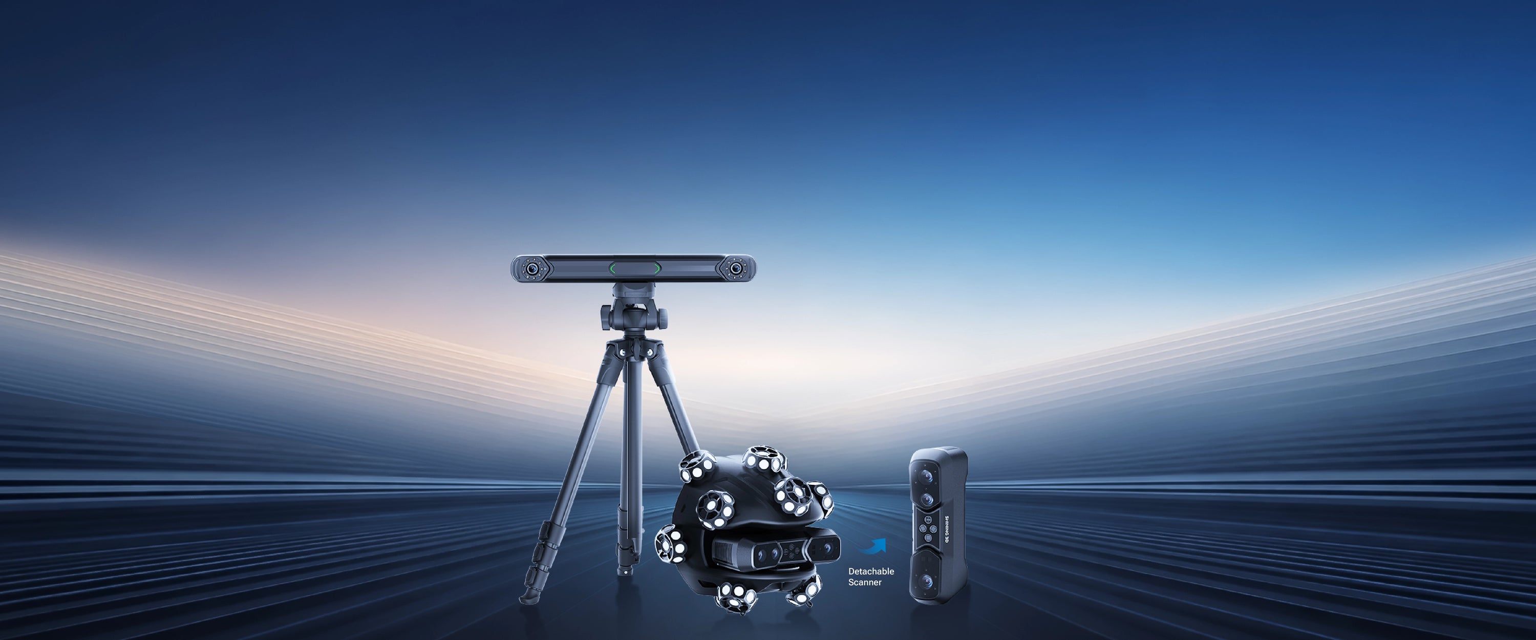 The complete EinScan Trak system — wireless tracker on a tripod, spherical marker scanner module, and detachable handheld scanner