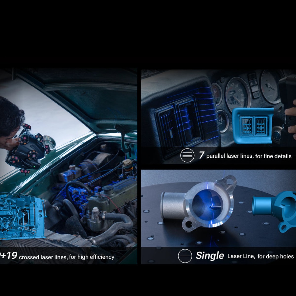 EinScan Trak capturing an engine assembly with crossed, parallel, and single-line laser modes for efficiency, fine detail, and deep holes