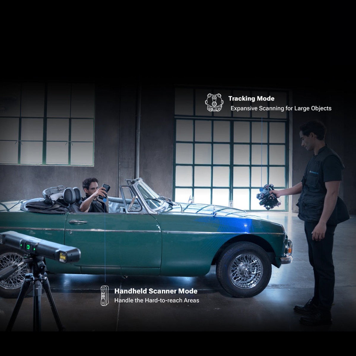 EinScan Trak in Tracking Mode capturing a classic car body while the operator moves freely — marker-free wireless 3D scanning