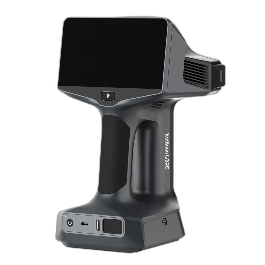 EinScan Libre alternate side profile &mdash; ergonomic single-piece chassis, hot-swap battery slot, USB-C charge-while-use port