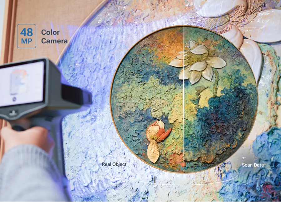 EinScan Libre 48MP color camera comparison &mdash; real object vs scan data with photoreal texture fidelity