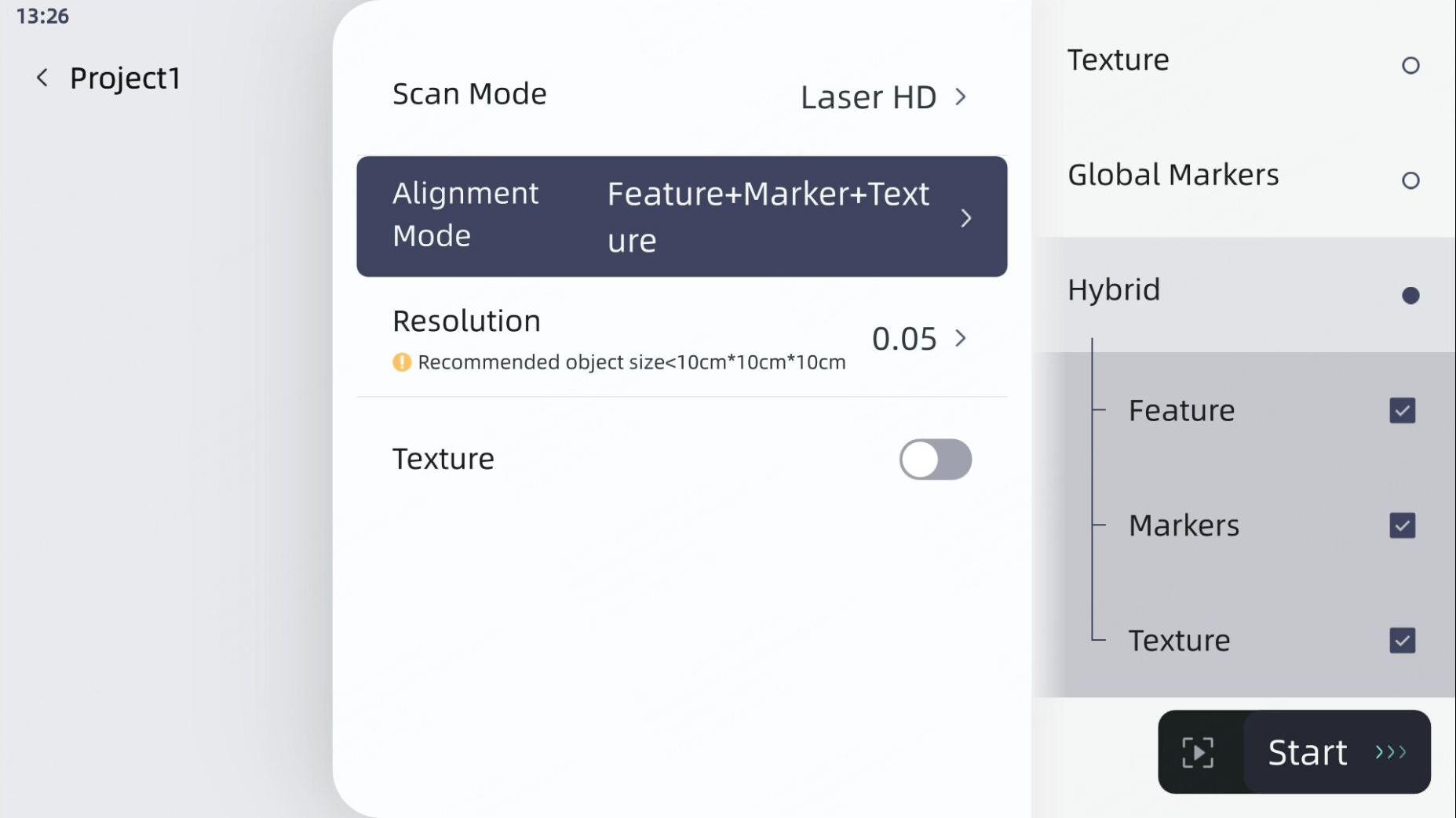 EinScan Libre alignment modes &mdash; feature, texture, hybrid, markers, and global markers handled by onboard NVIDIA Jetson compute