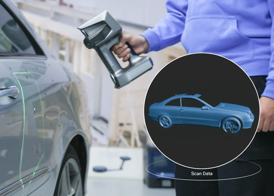 EinScan Libre IR Rapid mode &mdash; capturing a full automotive body with 983 by 979 mm field of view and live scan-data inset