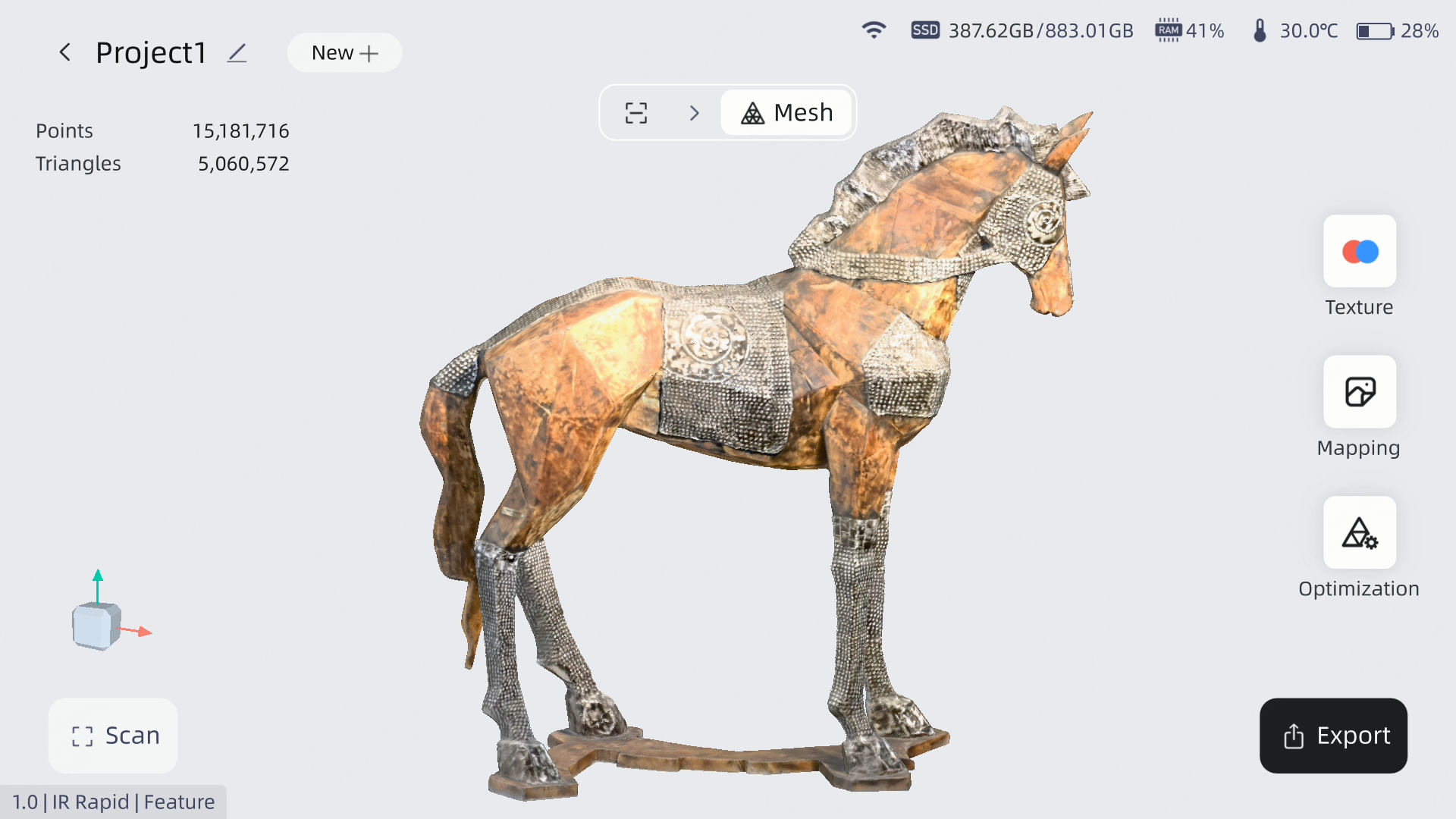 EinScan Libre finished mesh output UI &mdash; capture-to-mesh completes on the device with no laptop step