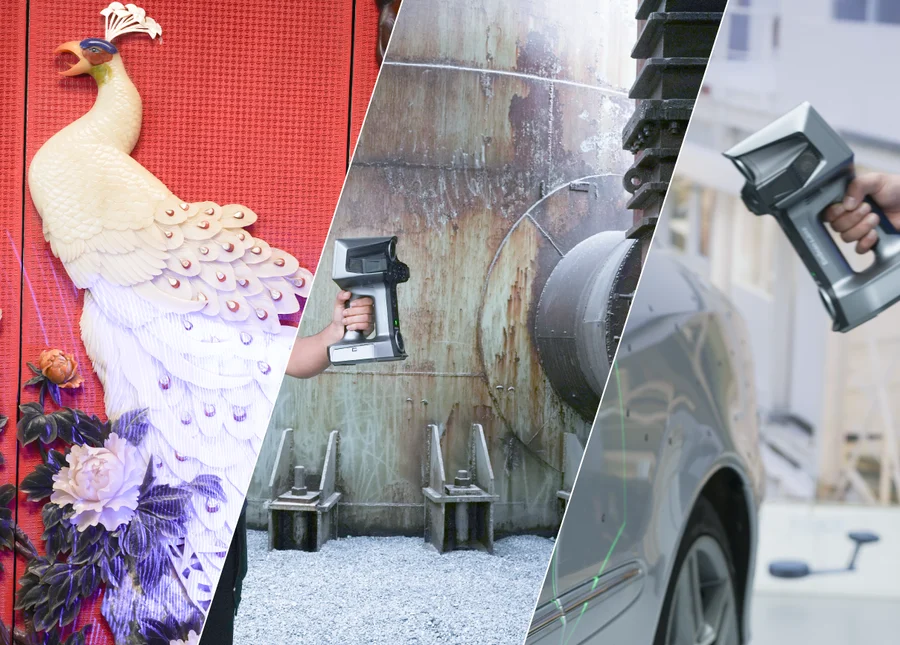 EinScan Libre triple-mode optical engine on deck &mdash; same scanner captures intricate sculpture, industrial cylinder, and automotive body panel