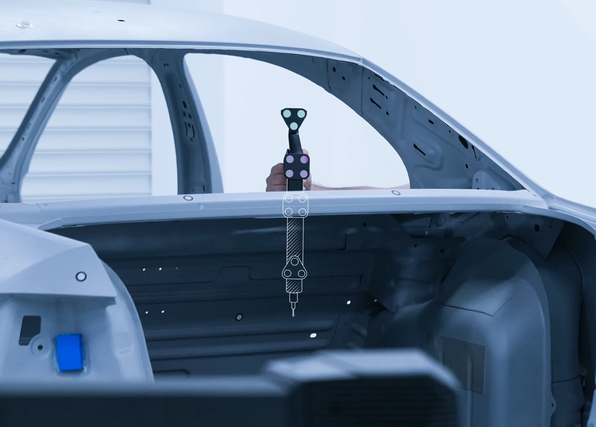 SHINING 3D FreeProbe ruby tip reaching a recessed, obstructed car-body feature a laser scanner cannot see