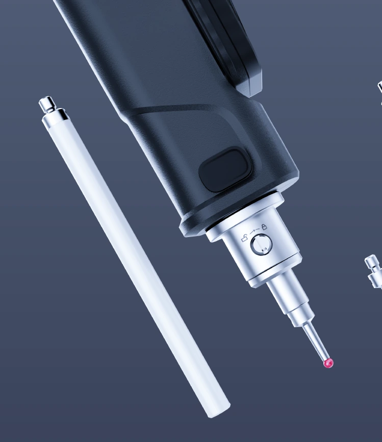 SHINING 3D FreeProbe body close-up with a ruby-tip stylus in the mount and an extension rod alongside