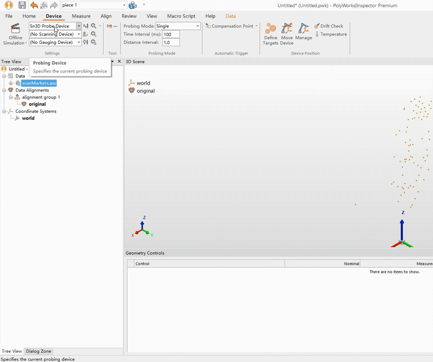 SHINING 3D FreeProbe set as the probing device in PolyWorks Inspector with scan markers in one project