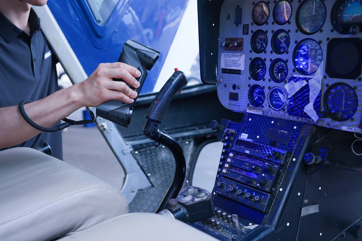 Hand scanning a helicopter cockpit and control stick with a FreeScan Combo+ Wireless