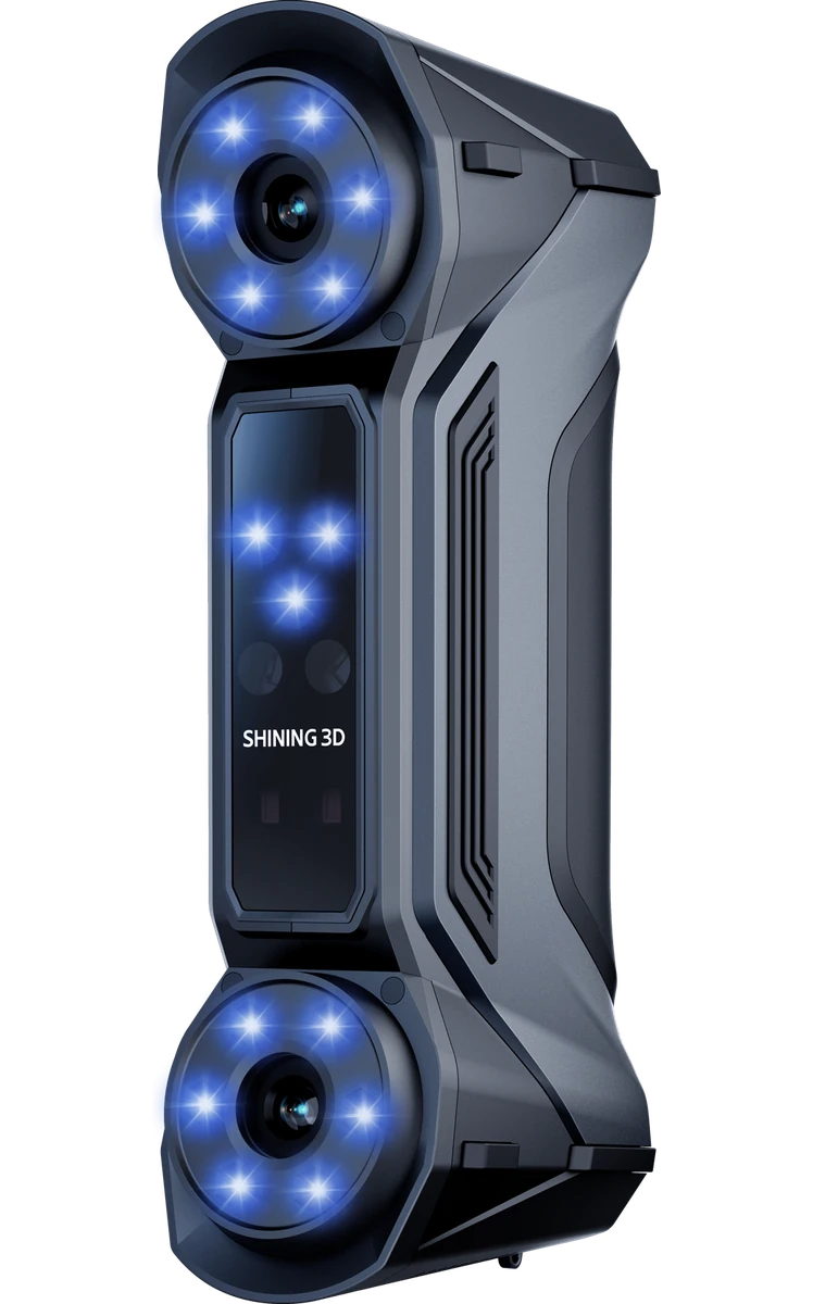 FreeScan Combo+ Wireless handheld 3D scanner with its blue LEDs lit — front view