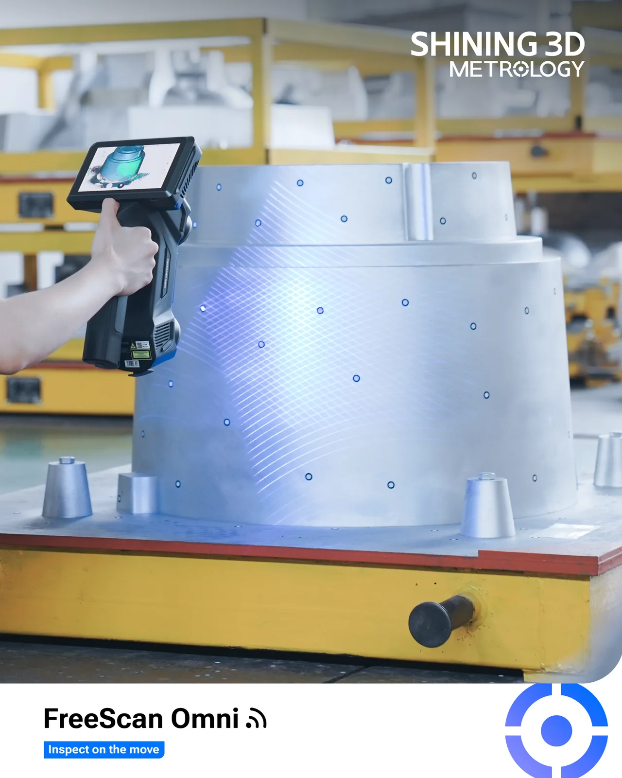 FreeScan Omni inspecting a casting on the move, onboard touchscreen showing a live inspection result