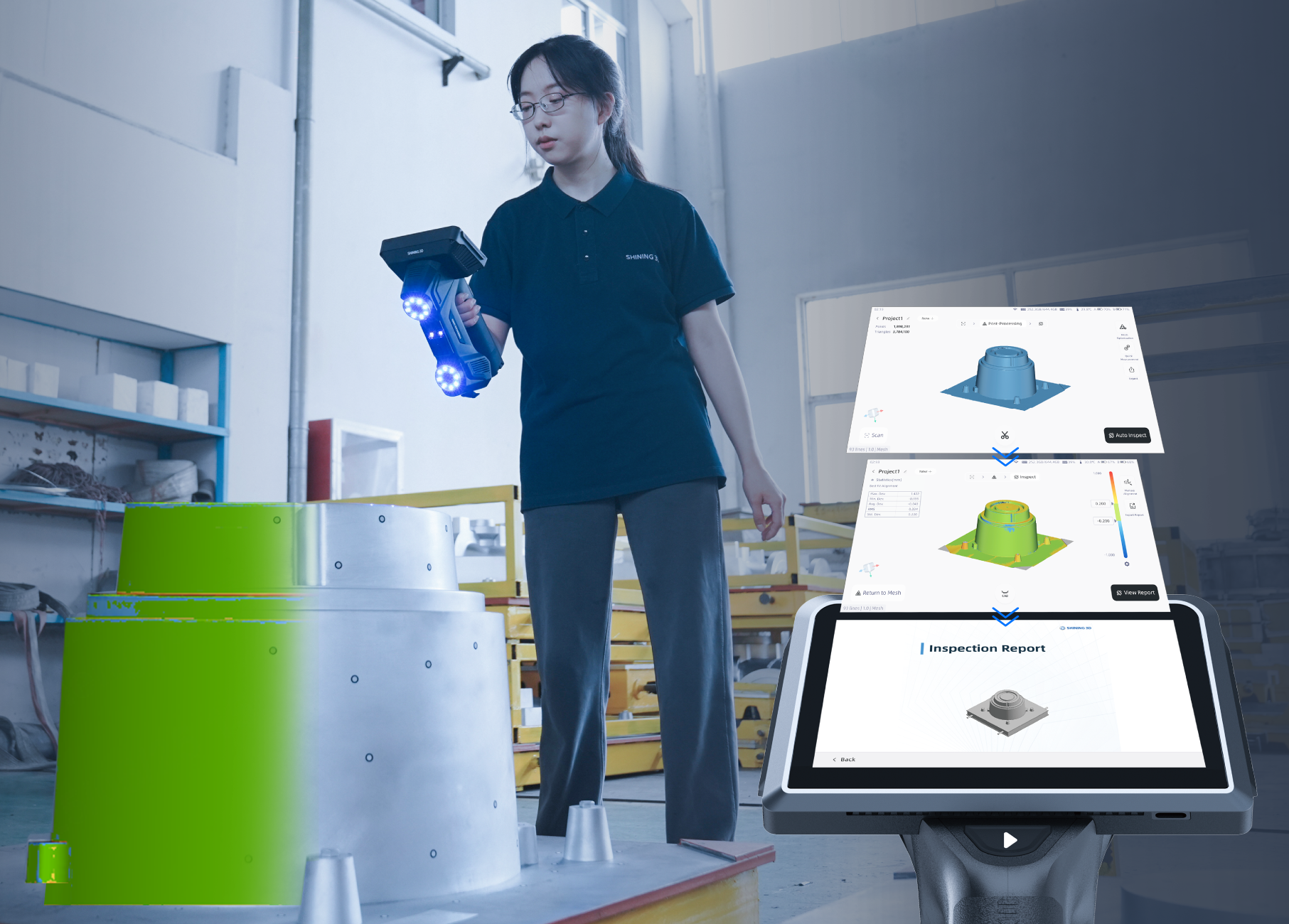 Shining 3D FreeScan Omni metrology-grade on-scanner inspection running PTB-certified SHINING 3D Inspect on 5.5-inch touchscreen