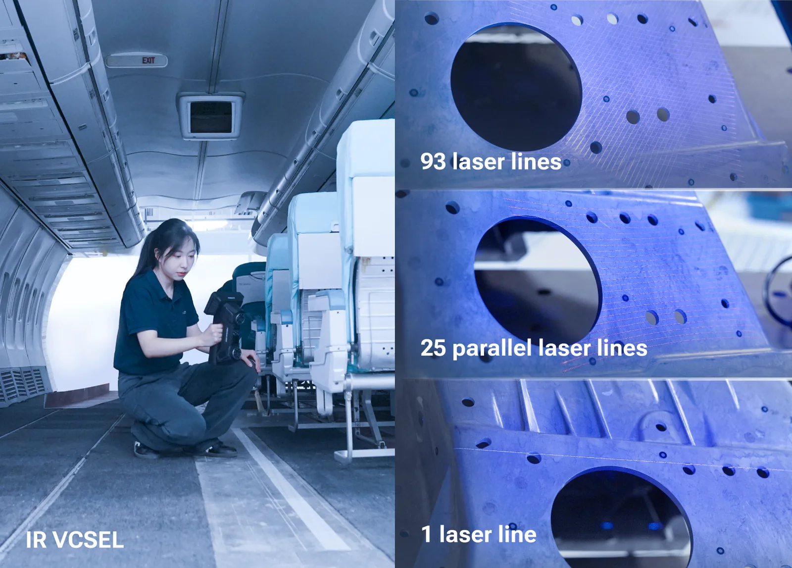 FreeScan Omni scan modes — 93 laser lines, 25 parallel laser lines, single laser line, and IR VCSEL — on an aircraft panel