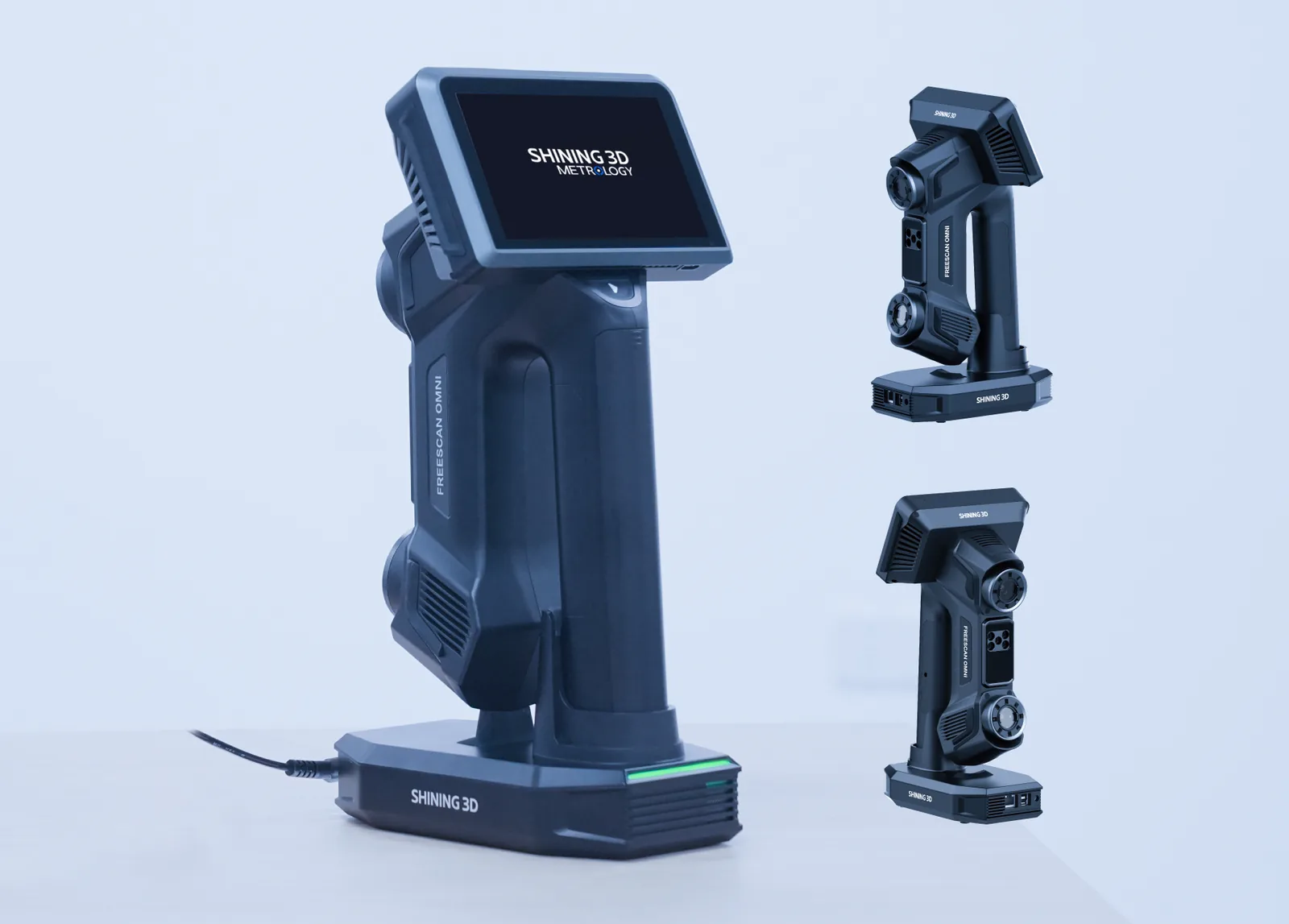 FreeScan Omni Smart Dock charging the scanner and backing up scan data over Wi-Fi, with two angle views of the device