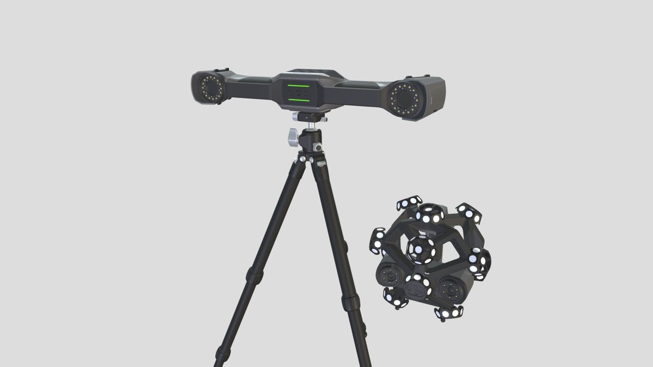 FreeScan Trak Nova tracker bar on tripod with spherical head, click to rotate in 3D