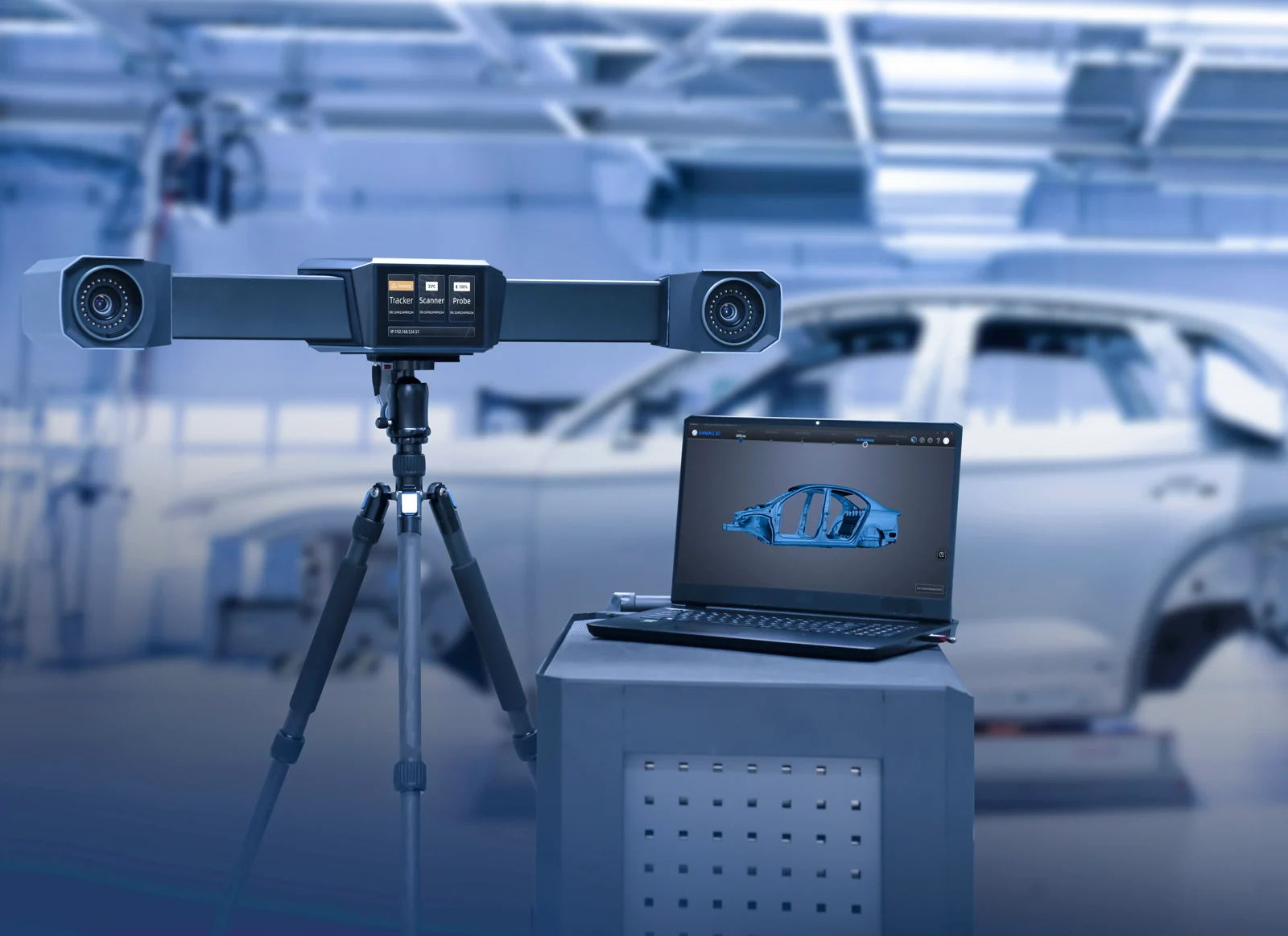 SHINING 3D FreeScan Trak ProW fully wireless field workflow — FreeTrak W tracker and TE25W scanner running on power banks with no mains cables