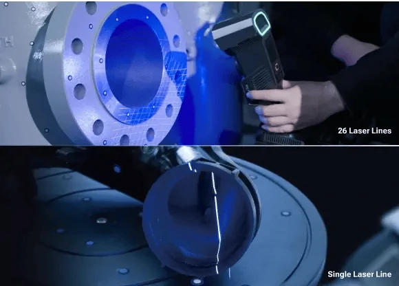 FreeScan Trio switching between the 26 crossed blue-laser lines on a flanged bore and the single deep-hole laser line inside a dark cavity