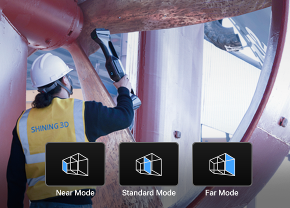 FreeScan UE Nova selectable Near, Standard, and Far working ranges illustrated over a hull-scanning workflow