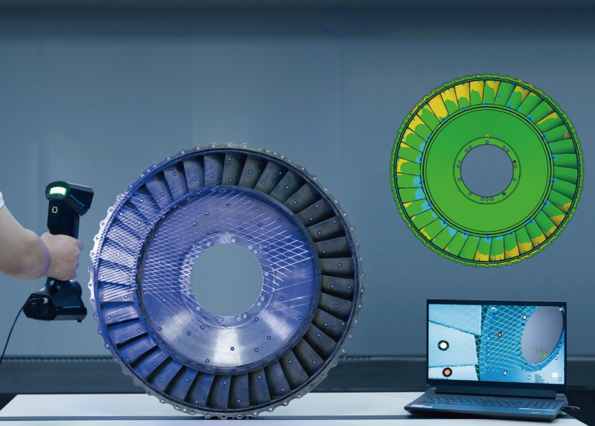FreeScan UE Pro scanning a water-turbine impeller alongside a part-to-CAD deviation color map proving inspection accuracy