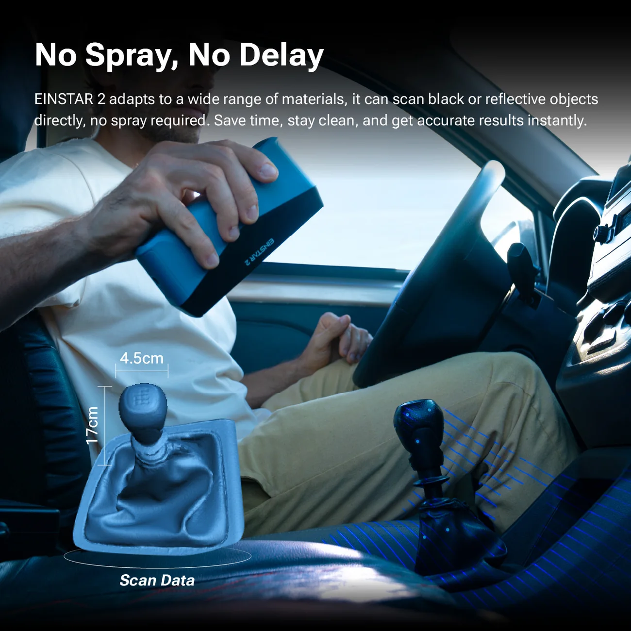 EINSTAR 2 scanning a black car gear shifter directly without scanning spray