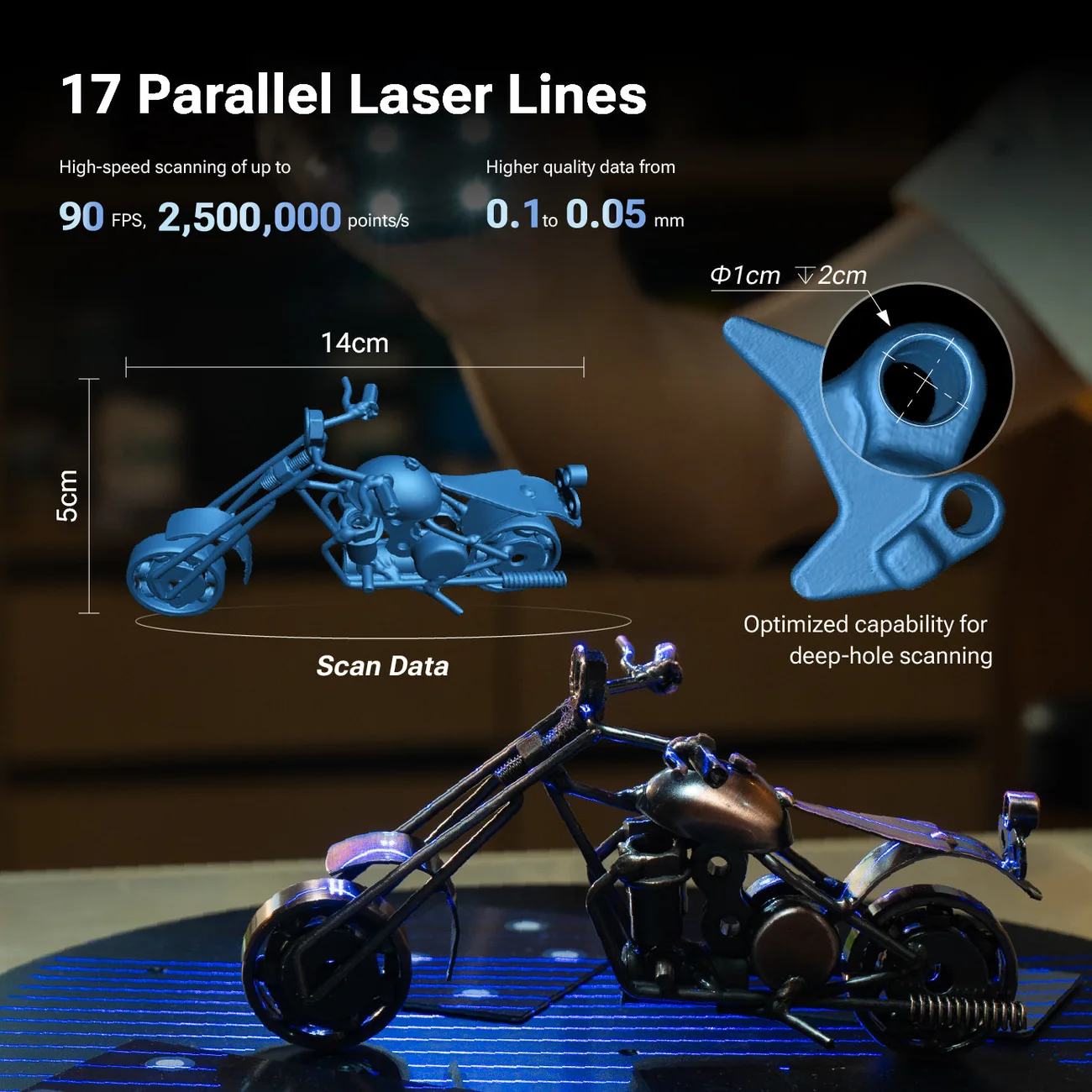 EINSTAR 2 17 parallel blue laser lines scanning a motorcycle model with deep-hole capability