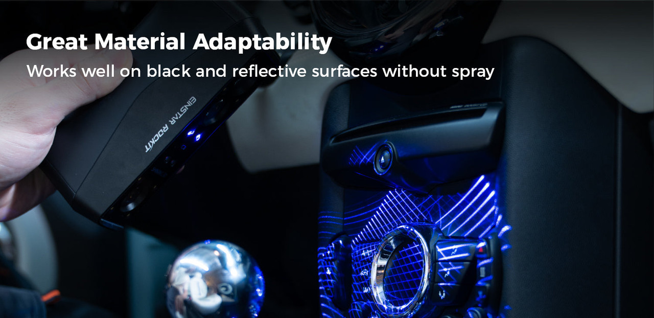 EINSTAR Rockit scanning a black, reflective car console &mdash; great material adaptability without scanning spray
