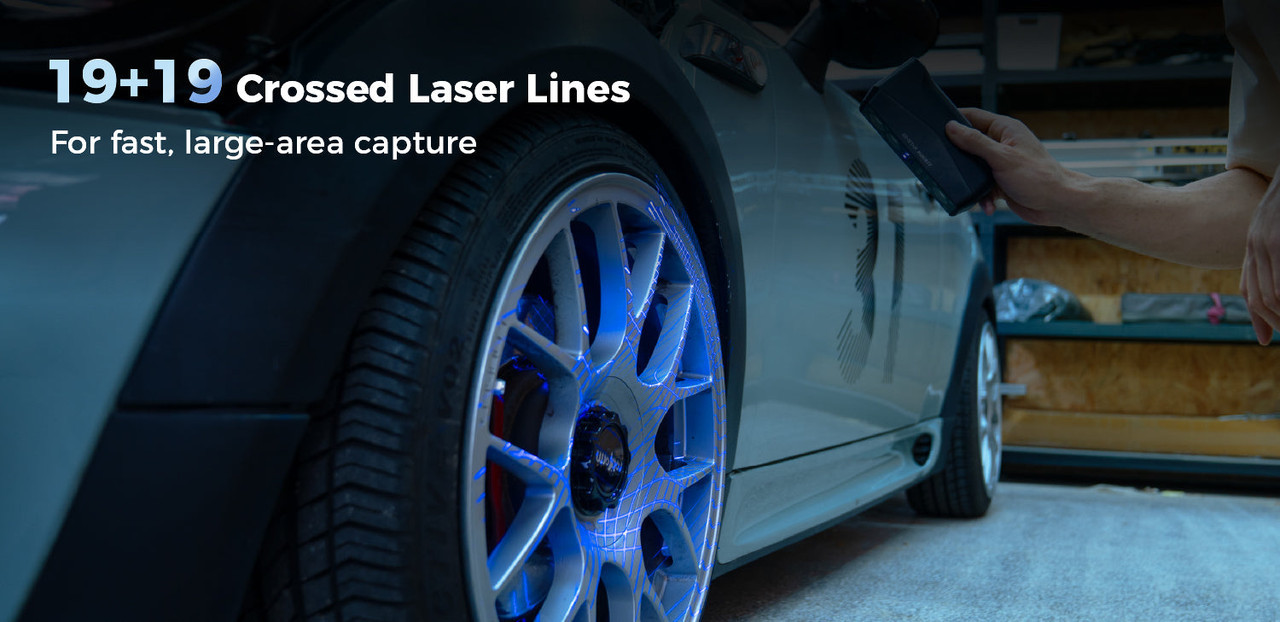 EINSTAR Rockit 19+19 crossed blue laser lines sweeping an alloy wheel for fast large-area capture